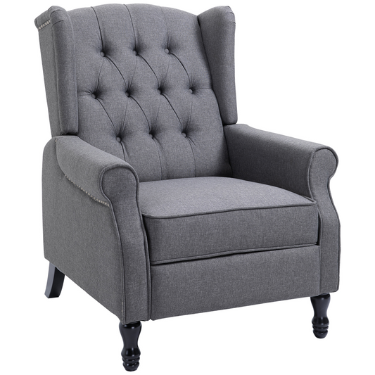 Manual Recliner Armchair with Footrest - Light Grey Fabric, Tufted Back