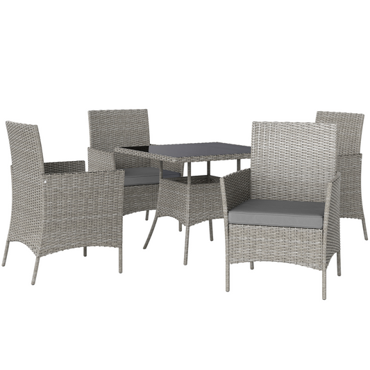 4-Person Rattan Outdoor Dining Set with Glass Table - Light Grey