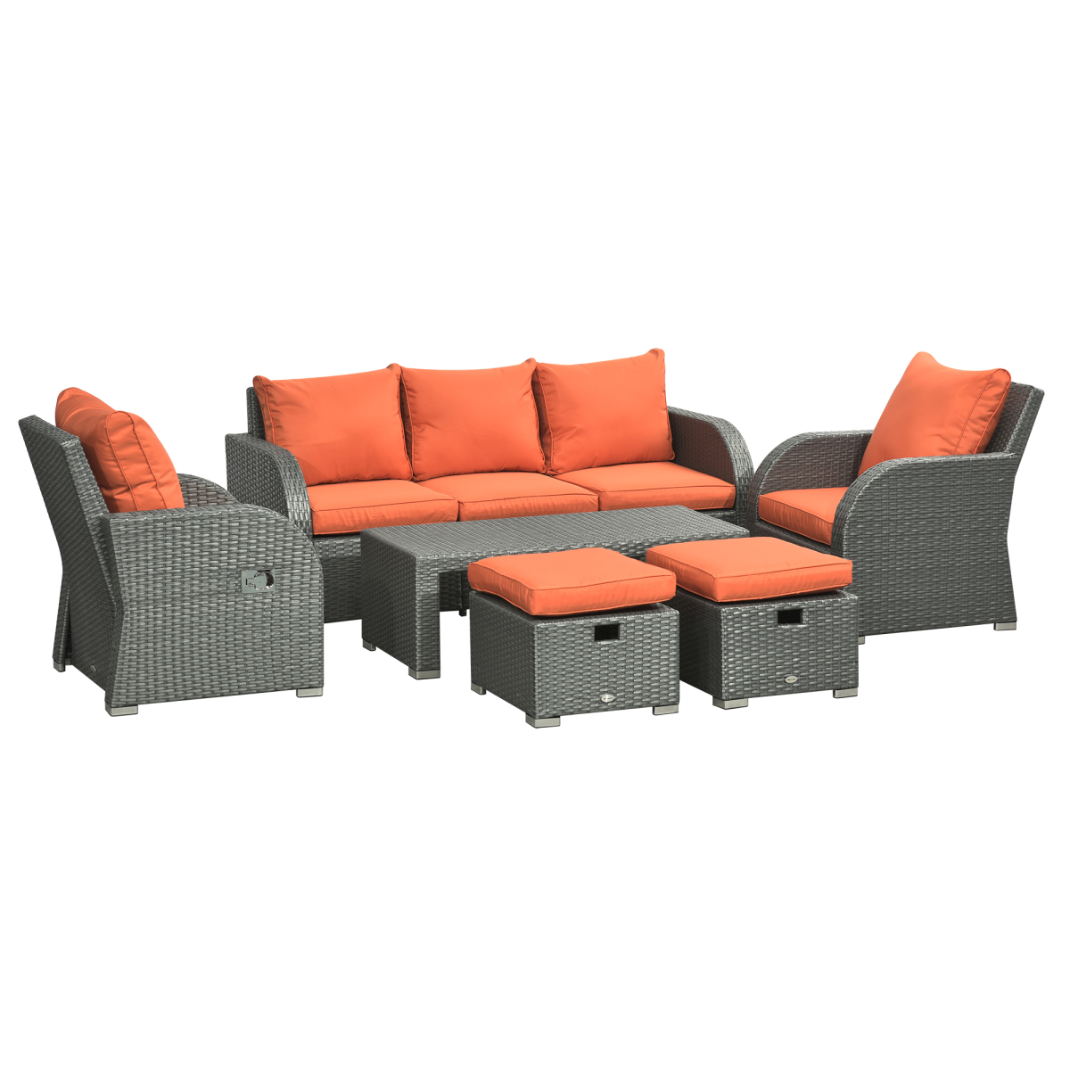 6-Piece Padded Outdoor Rattan Set: 3-Seat Sofa, Recliners & Table