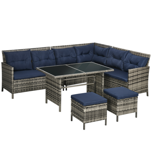 6-Piece Patio Wicker Sofa Set with Glass Table & Cushions - Dark Blue