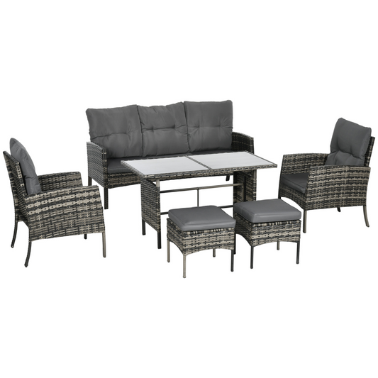 Grey Rattan 6-Piece Outdoor Sofa Set with Cushions & Glass Table