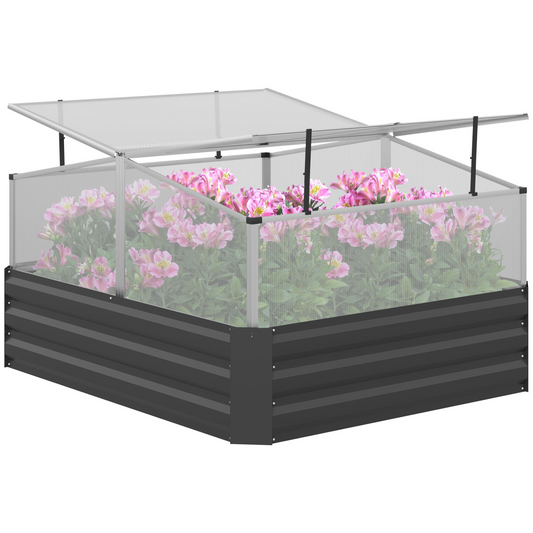 Galvanised Raised Garden Bed with Greenhouse & Cover - Dark Grey