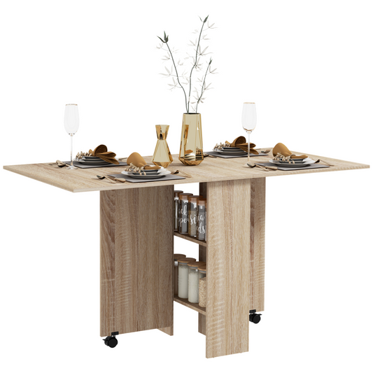 Mobile Drop-Leaf Extendable Dining Table with Shelves and Wheels