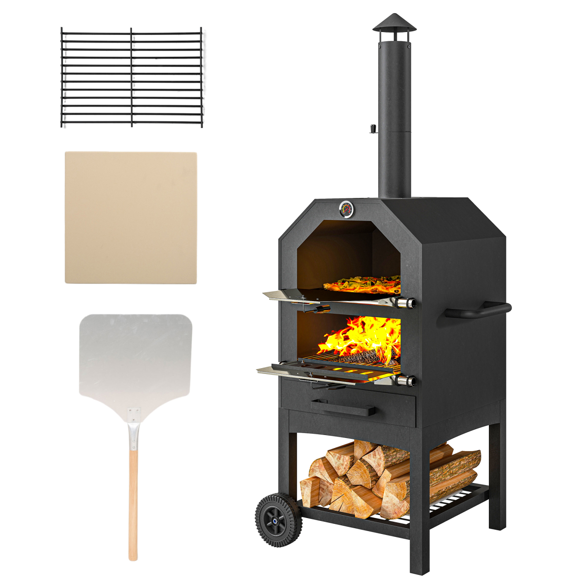 Outdoor Pizza Oven & Charcoal Grill with Rain Cover, Shelf & Wheels