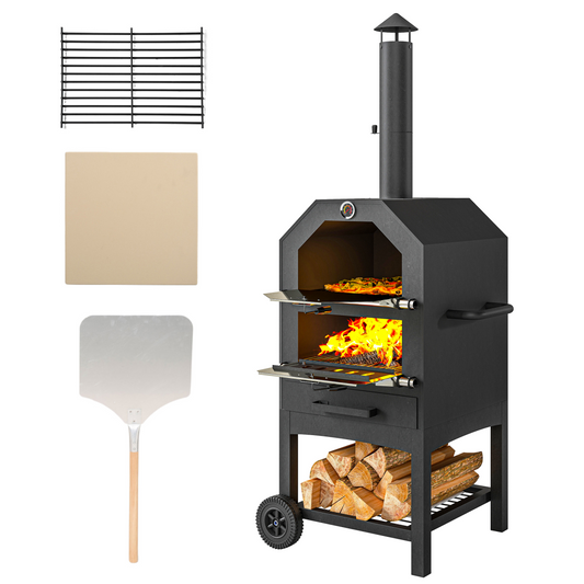 Outdoor Pizza Oven & Charcoal Grill with Rain Cover, Shelf & Wheels
