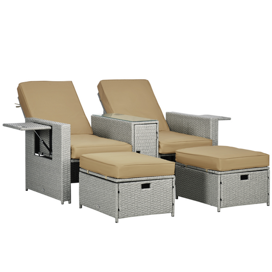 Ultimate 5-Piece Adjustable Rattan Sun Lounger Set with Storage - Beige Bliss