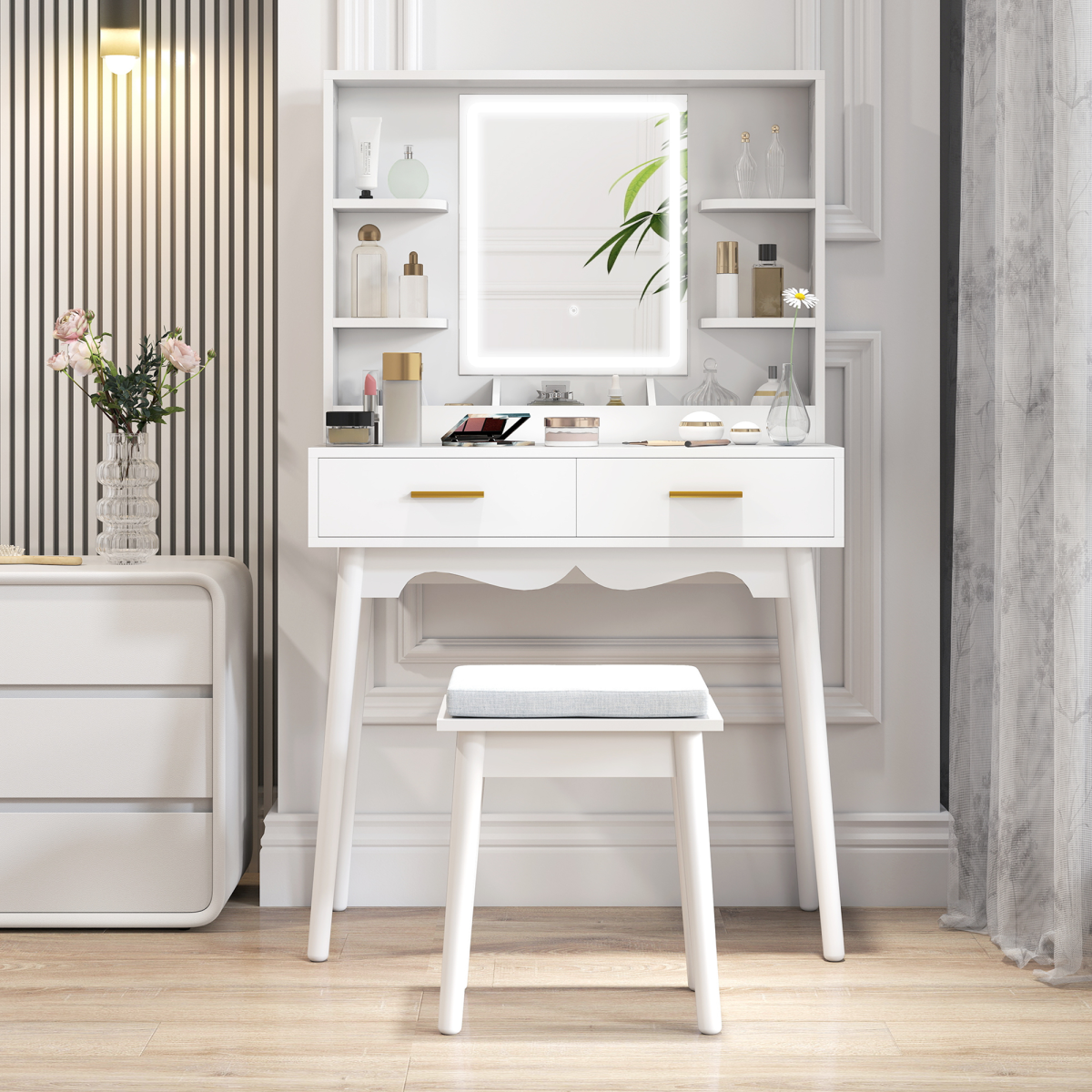 Elegant LED Lighted Dressing Table & Plush Stool - Stylish Vanity Set