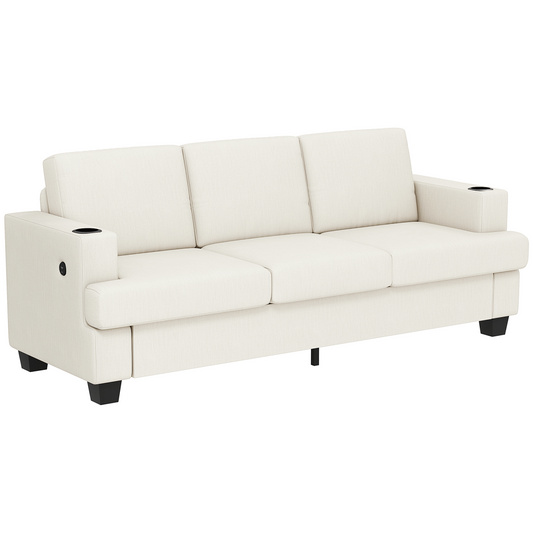 Cozy 3-Seater Sofa with USB Ports & Cup Holders - Cream Chenille Bliss