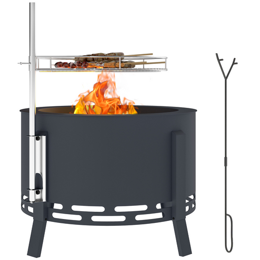 58cm Round Portable Fire Pit & Grill - Durable Black Steel Design
