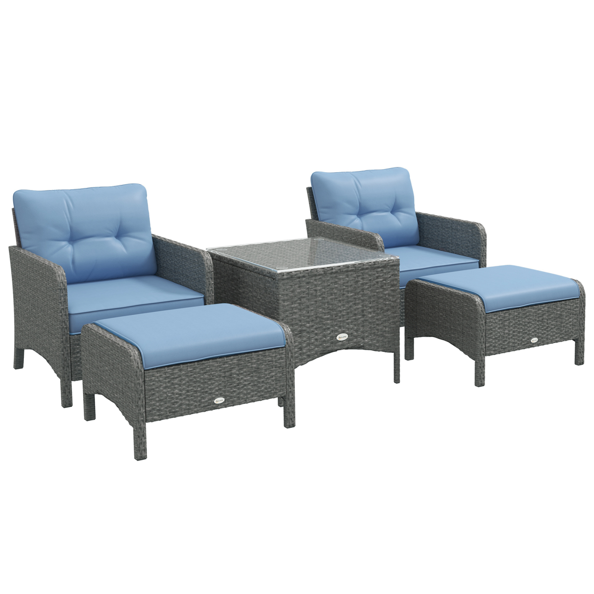5-Piece Wicker Patio Set with Cushions, Blue - Conversation Furniture
