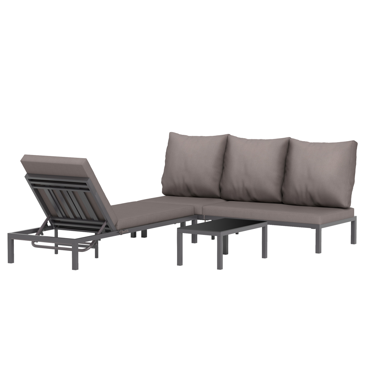 3-Piece PE Rattan Lounge Set - Aluminum Frame Grey Recliners