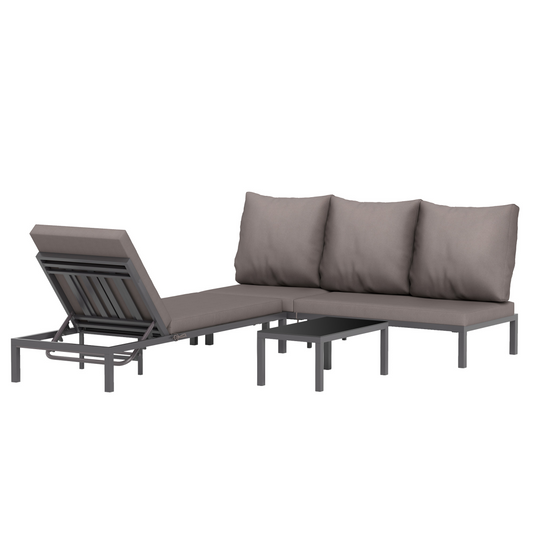 3-Piece PE Rattan Lounge Set - Aluminum Frame Grey Recliners
