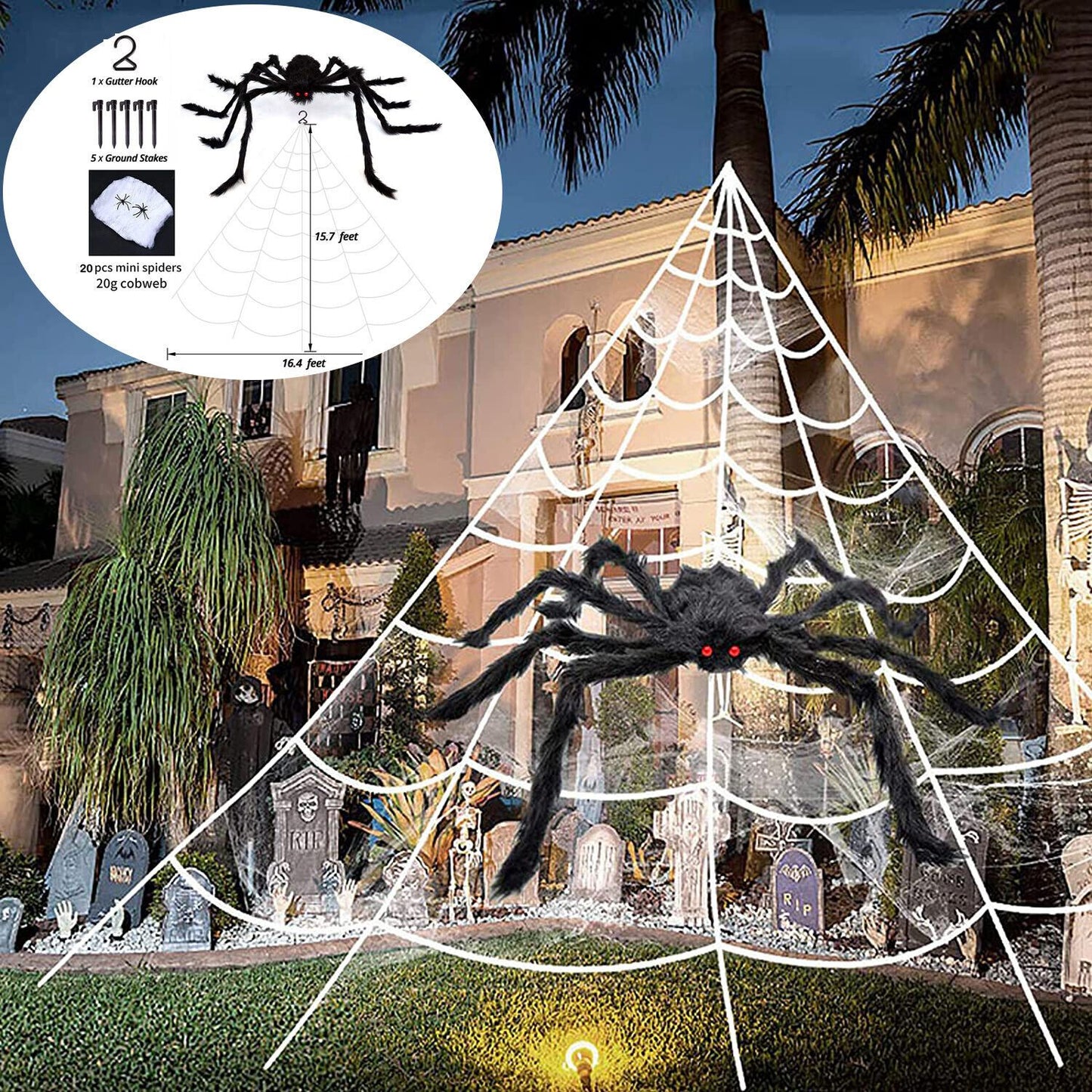 Giant 5m Spider Web Halloween Decor Kit with 20 Spiders & Large Spider