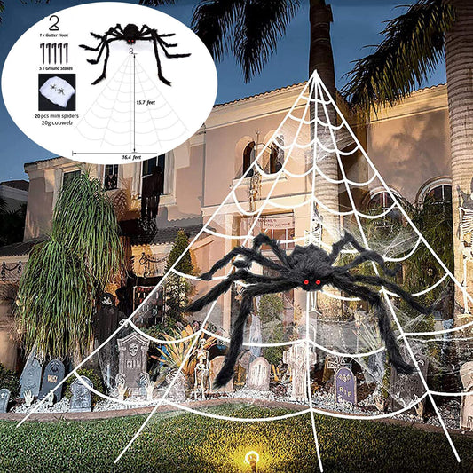 Giant 5m Spider Web Halloween Decor Kit with 20 Spiders & Large Spider