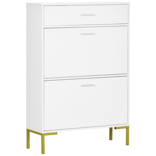 Chic 12-Pair Shoe Storage Cabinet with Flip Drawers & Elegant Gold Accents