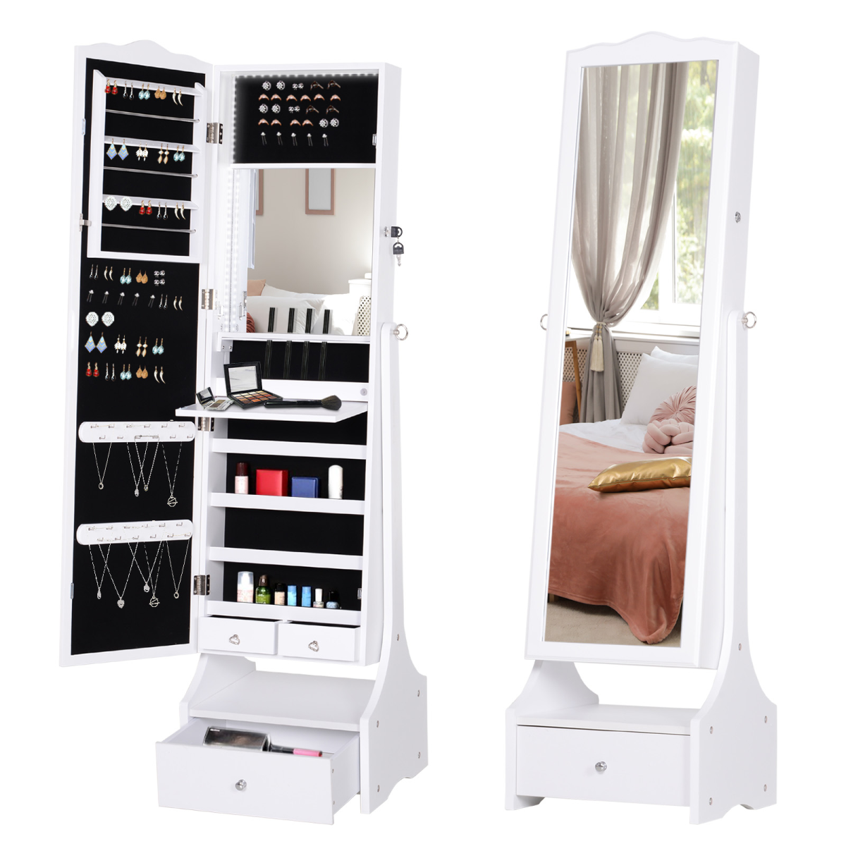 LED Illuminated Mirrored Jewelry Cabinet with Lock & Storage –  White