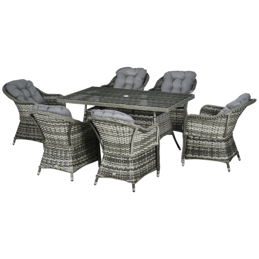 7-Piece Rattan Outdoor Dining Set with Tempered Glass Table & Umbrella