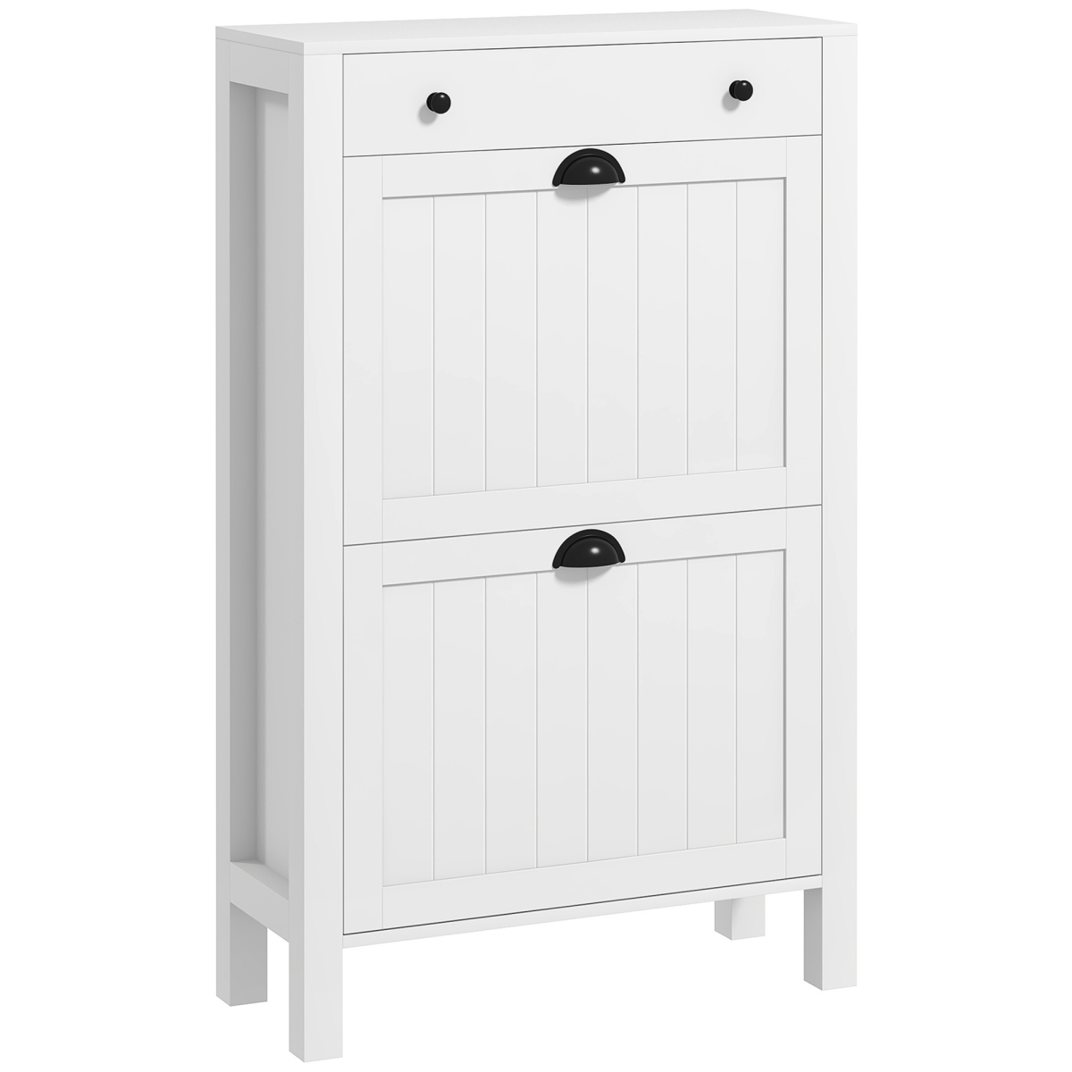 Slim White Shoe Cabinet with 2 Flip Drawers & Storage Top