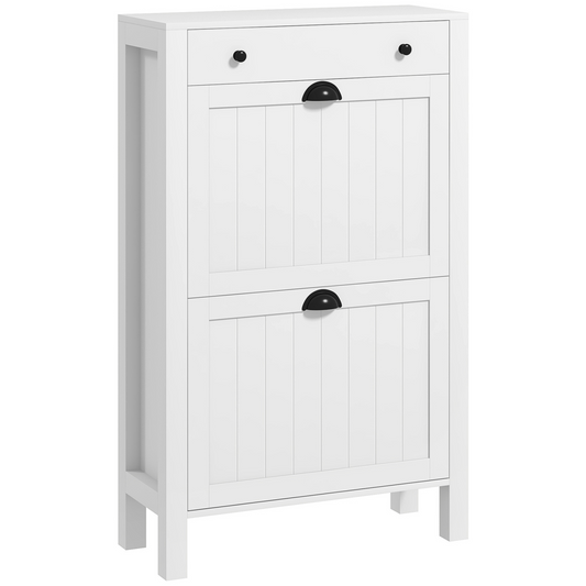 Slim White Shoe Cabinet with 2 Flip Drawers & Storage Top