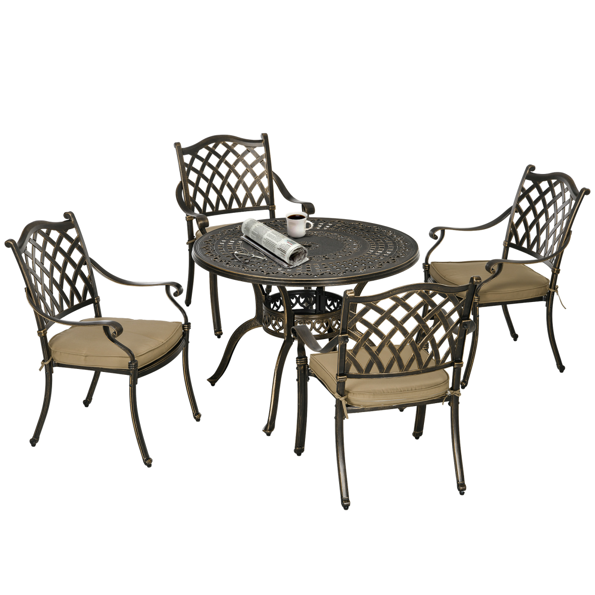 Bronze 4-Seater Round Outdoor Dining Set with Cushions & Parasol Hole