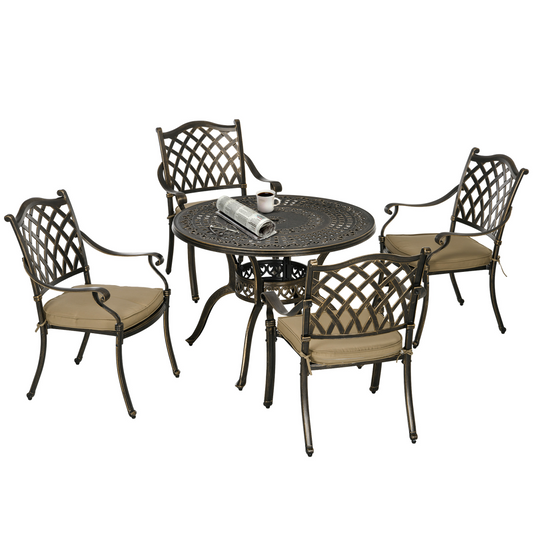 Bronze 4-Seater Round Outdoor Dining Set with Cushions & Parasol Hole