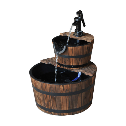 Two-Tier Fir Wood Water Pump Fountain - Steel Accents