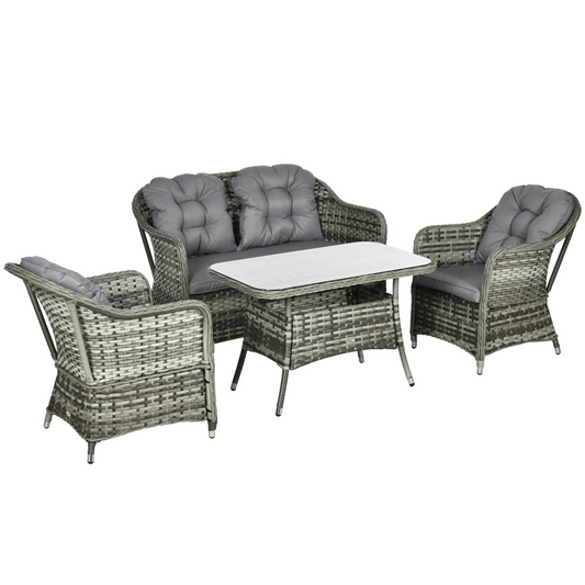 4-Piece Rattan Garden Sofa Set with Cushioned Seats & Glass Table