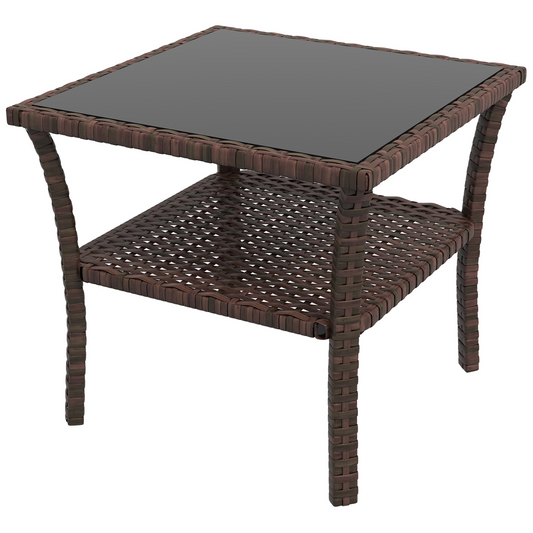 PE Rattan Coffee Table: Two-Tier with Glass Top, Brown