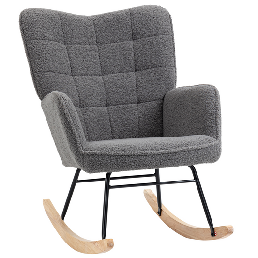 Retro Wingback Rocking Nursing Chair with Steel Frame & Wooden Base — Grey