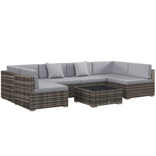 7-Piece Grey Rattan Garden Set with Buckle Frame & Glass Table