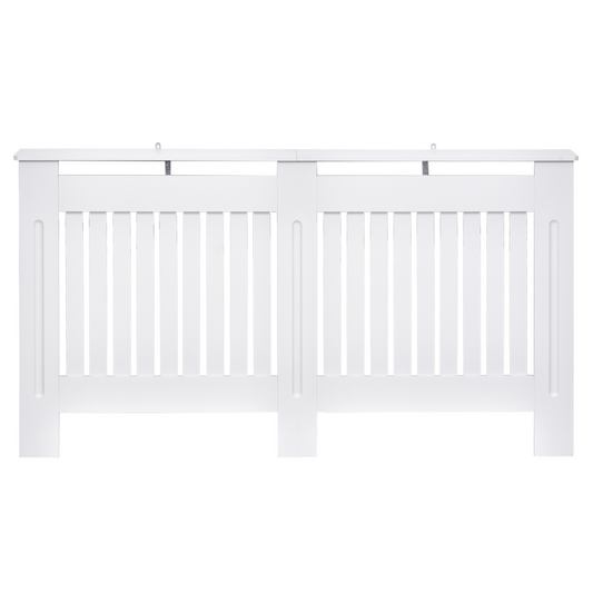 White Slatted Radiator Cover with Top Shelf, Anti-Tip MDF Cabinet 152x19x81cm