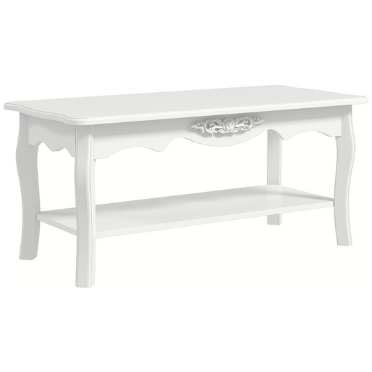 White Finish Coffee Table with Curved Legs & Magazine Shelf
