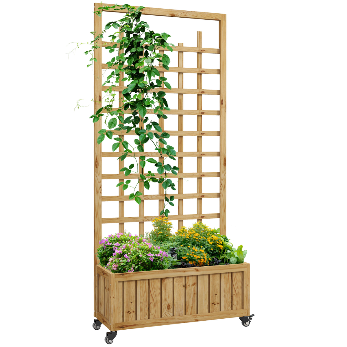 Wooden Trellis Planter on Wheels - Mobile Raised Bed with Liner