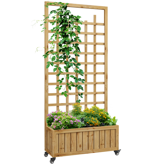 Wooden Trellis Planter on Wheels - Mobile Raised Bed with Liner