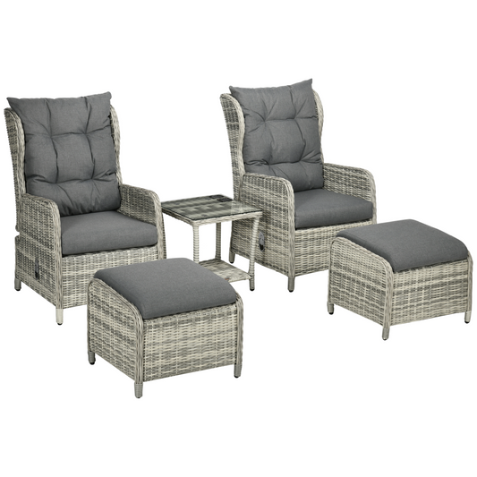 Recliner Rattan Sun Lounger Set with 2-Tier Table & Cushions, Grey