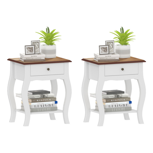 Elegant Bedside Tables Set of 2 - White with Drawer & Shelf