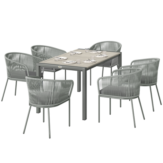 6-Seater Rattan Dining Set with Stylish Acacia Wood Table & Cushions
