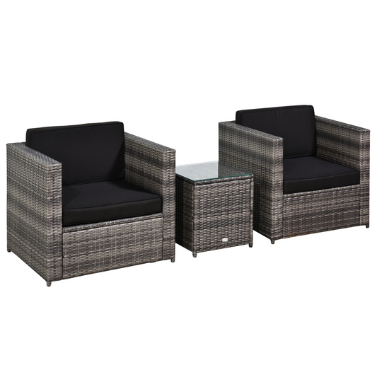 2-Person Rattan Sofa Set with Cushions & Table, Grey, Steel Frame