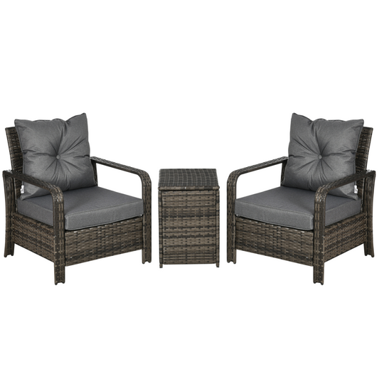 3-Piece PE Rattan Garden Sofa Set - 2 Chairs & Storage Table, Grey