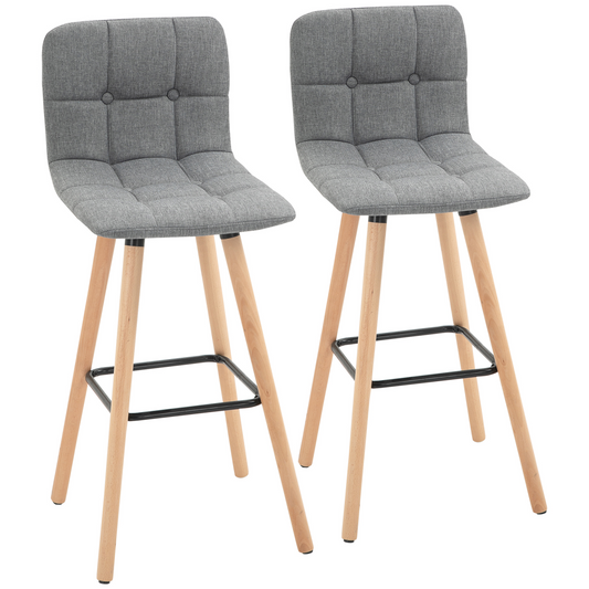 Grey Bar Stool Set of 2: Armless, Button-Tufted, Counter Height