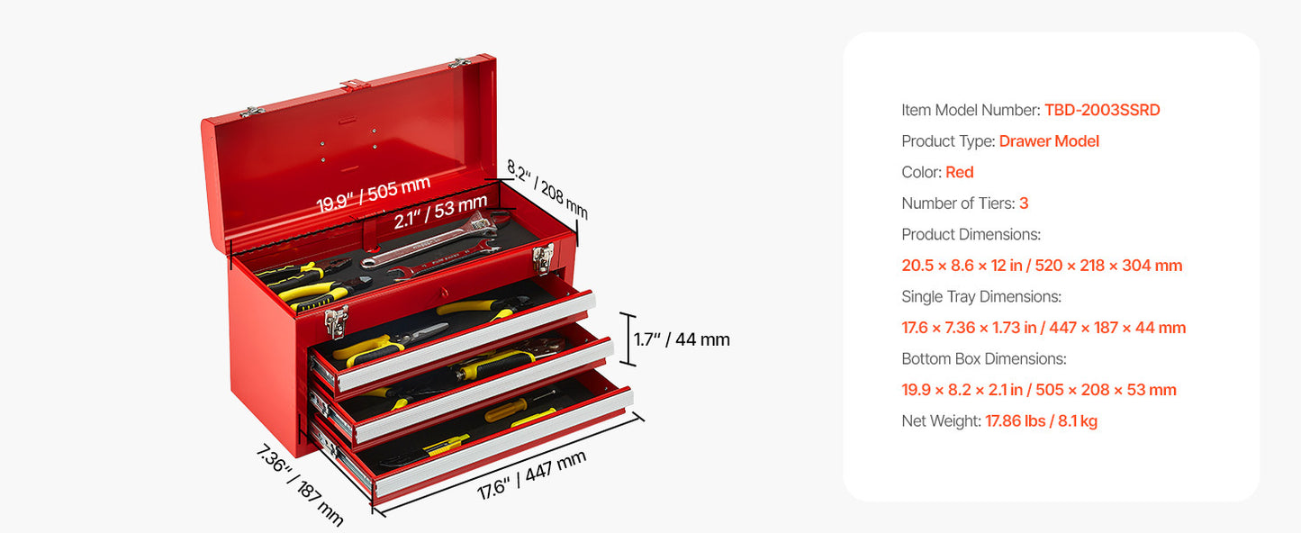 SucceBuy 20in 3-Drawer Metal Tool Box Black/Red Tool Chest with EVA Liners Multifunction Tool Organizer for Garage & Workshop