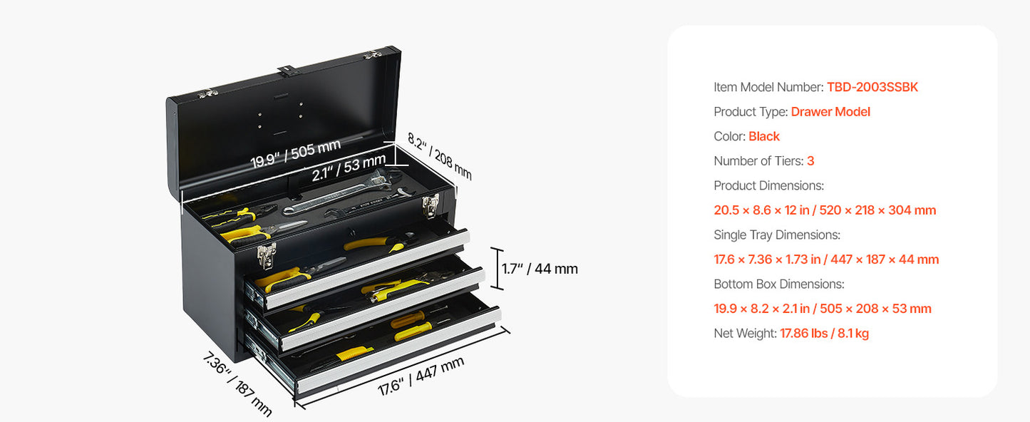 SucceBuy 20in 3-Drawer Metal Tool Box Black/Red Tool Chest with EVA Liners Multifunction Tool Organizer for Garage & Workshop