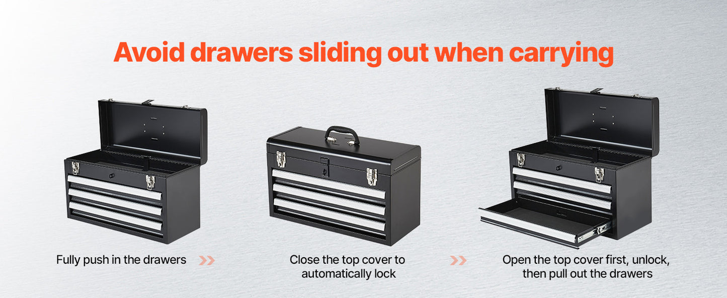 SucceBuy 20in 3-Drawer Metal Tool Box Black/Red Tool Chest with EVA Liners Multifunction Tool Organizer for Garage & Workshop