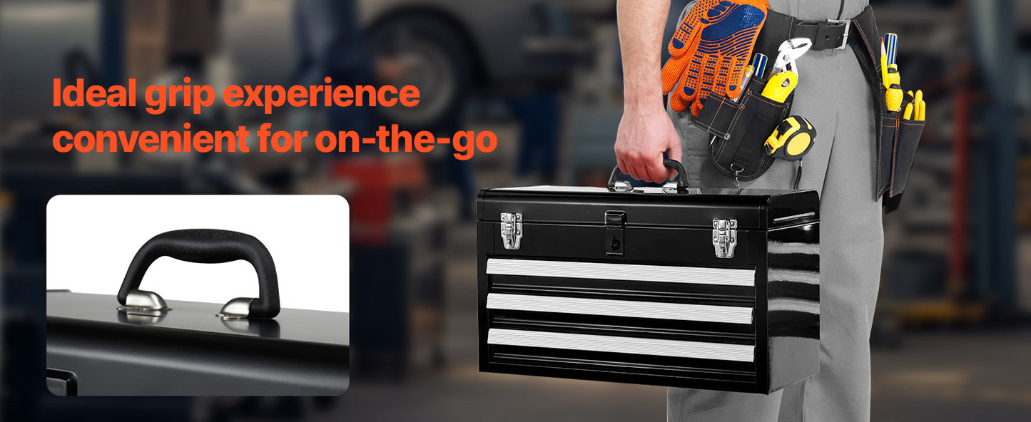 SucceBuy 20in 3-Drawer Metal Tool Box Black/Red Tool Chest with EVA Liners Multifunction Tool Organizer for Garage & Workshop