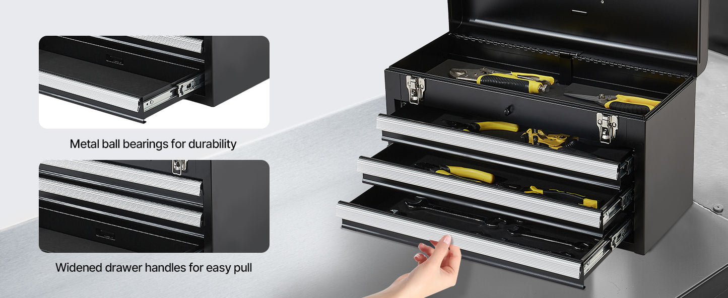 SucceBuy 20in 3-Drawer Metal Tool Box Black/Red Tool Chest with EVA Liners Multifunction Tool Organizer for Garage & Workshop