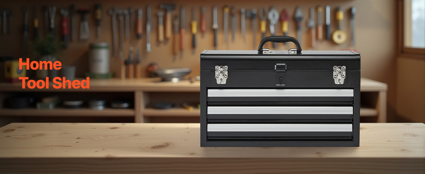 SucceBuy 20in 3-Drawer Metal Tool Box Black/Red Tool Chest with EVA Liners Multifunction Tool Organizer for Garage & Workshop