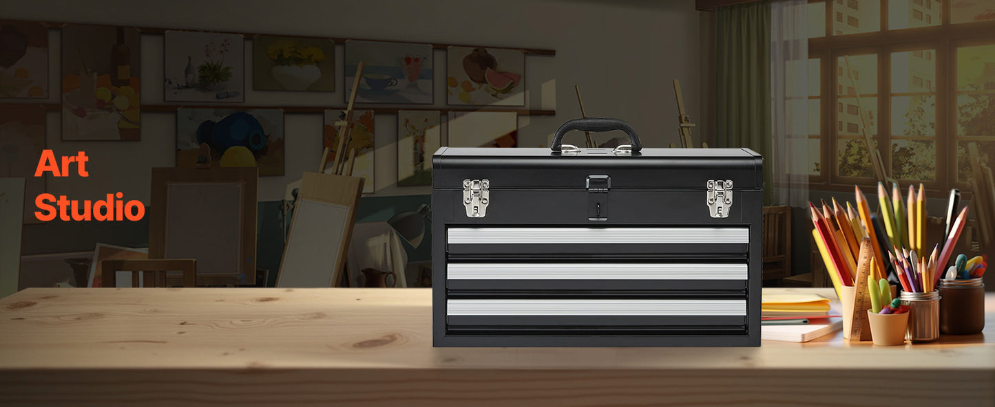 SucceBuy 20in 3-Drawer Metal Tool Box Black/Red Tool Chest with EVA Liners Multifunction Tool Organizer for Garage & Workshop