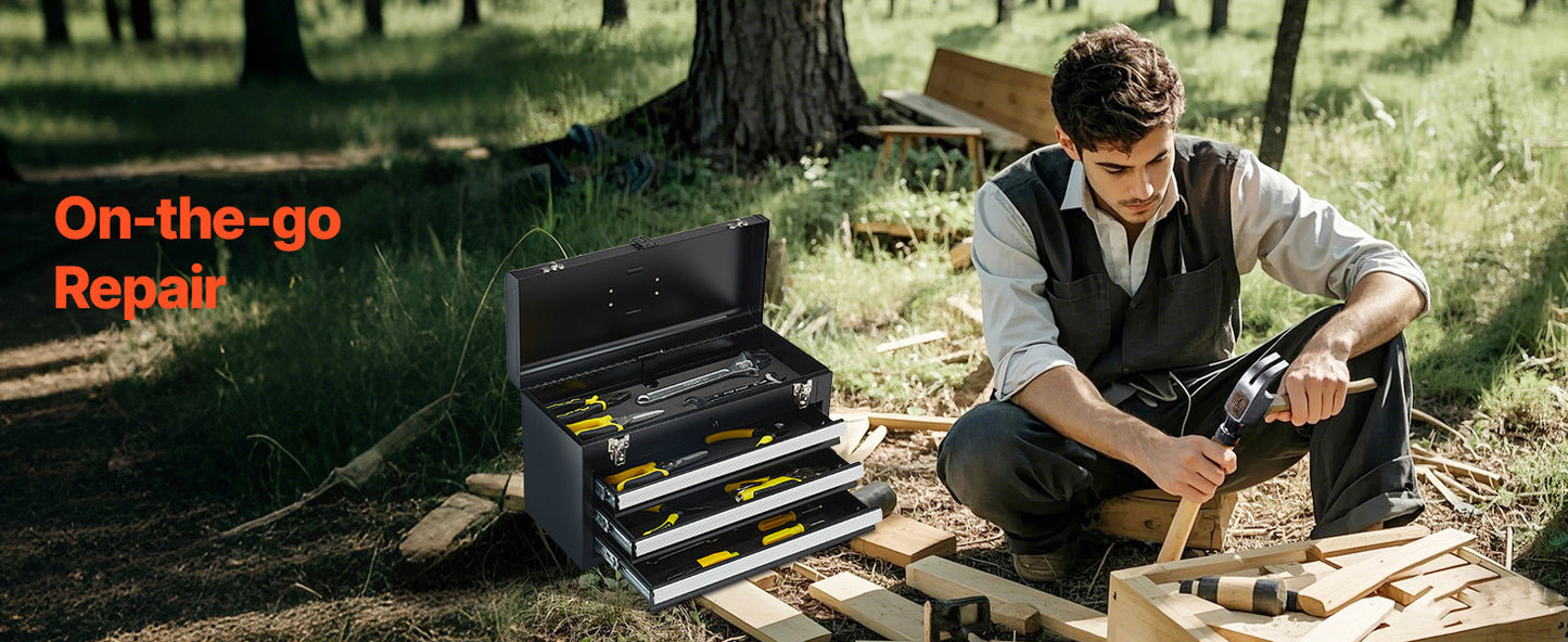 SucceBuy 20in 3-Drawer Metal Tool Box Black/Red Tool Chest with EVA Liners Multifunction Tool Organizer for Garage & Workshop