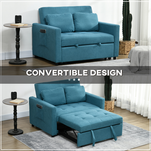 2-in-1 Sofa Bed: Stylish Comfort with Cushions & Pockets - Blue