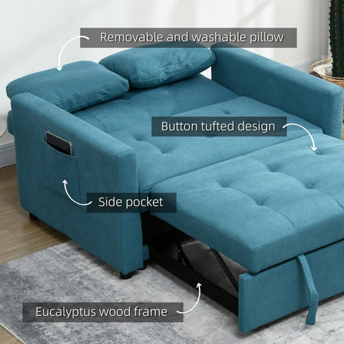 2-in-1 Sofa Bed: Stylish Comfort with Cushions & Pockets - Blue